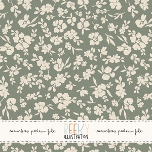 May include: A seamless pattern file featuring a repeating design of white stylised flowers on a sage green background. The text "BEEKY ILLUSTRATION" is at the bottom of the image.