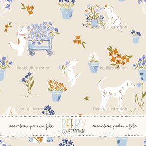 Puede incluir: Un patrón sin costuras con perros blancos con flores azules y naranjas en macetas. El patrón incluye el texto "Beeky Illustration" y "seamless pattern file".