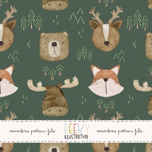 May include: A seamless pattern featuring woodland animals, including a moose, bear, deer, and fox. The animals are illustrated in a watercolor style with a brown and green color palette. The background is a deep green color with small green trees and white lines.