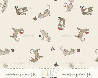 Patrón navideño sin costuras de gatos / DESCARGA DIGITAL / Patrón navideño sin costuras, diseño de tela de gatos navideños, patrón sin costuras para niños y gatos