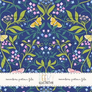 Whimsical Floral Seamless Pattern | DIGITAL DOWNLOAD | Spring Botanical Digital Pattern, Navy Blue Damask Pattern, Butterfly Fabric Design