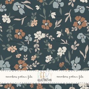 May include: A seamless pattern design featuring stylized flowers in shades of white, brown, and blue-gray on a dark teal background. The design includes the text "seamless pattern file" and "BEEKY ILLUSTRATION".