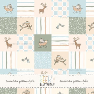 May include: A seamless pattern featuring a patchwork design with various Christmas-themed illustrations. The pattern includes reindeer, sleighs filled with presents, bells, and a green and white floral pattern. The text "Beeky Illustration" appears at the bottom of the pattern.