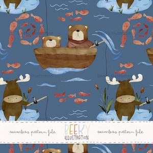 Woodland Animal Seamless Pattern | DIGITAL DOWNLOAD | Fishing Seamless Pattern, Kids Seamless, Moose Seamless Pattern, Bear Seamless Pattern