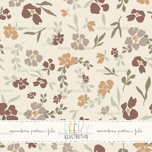 May include: A seamless pattern file featuring a floral design in shades of brown, tan, and gray on a cream background. The design includes various sizes of flowers and leaves, with the text "Beeky Illustration" and "seamless pattern file".