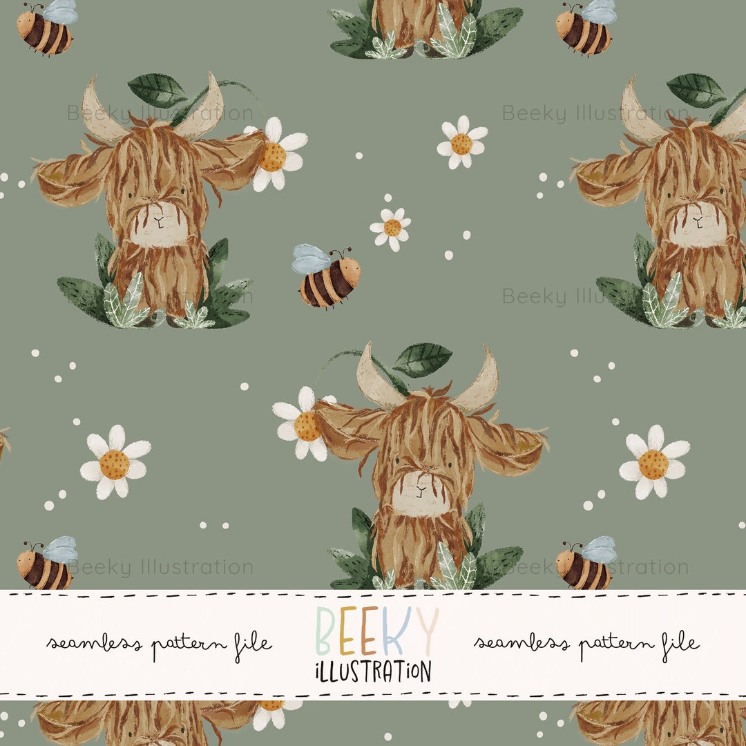 Highland Cow Seamless Pattern DIGITAL DOWNLOAD Farm Animal Seamless ...