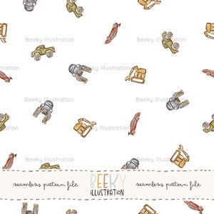 May include: Watercolor illustration of a seamless pattern featuring various toy vehicles, including trucks, cars, and construction equipment, in shades of brown, green, red, and blue on a white background. The text "seamless pattern file" and "BEEKY ILLUSTRATION" is present.