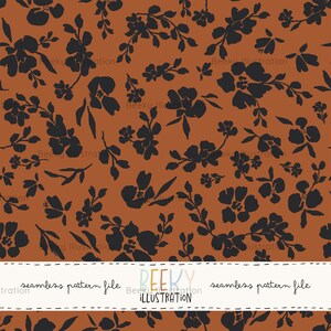 May include: A seamless pattern featuring dark gray floral silhouettes on a warm, orange-brown background. The design includes various sizes of flowers and leaves. The text "seamless pattern file" and "Beeky Illustration" is present.