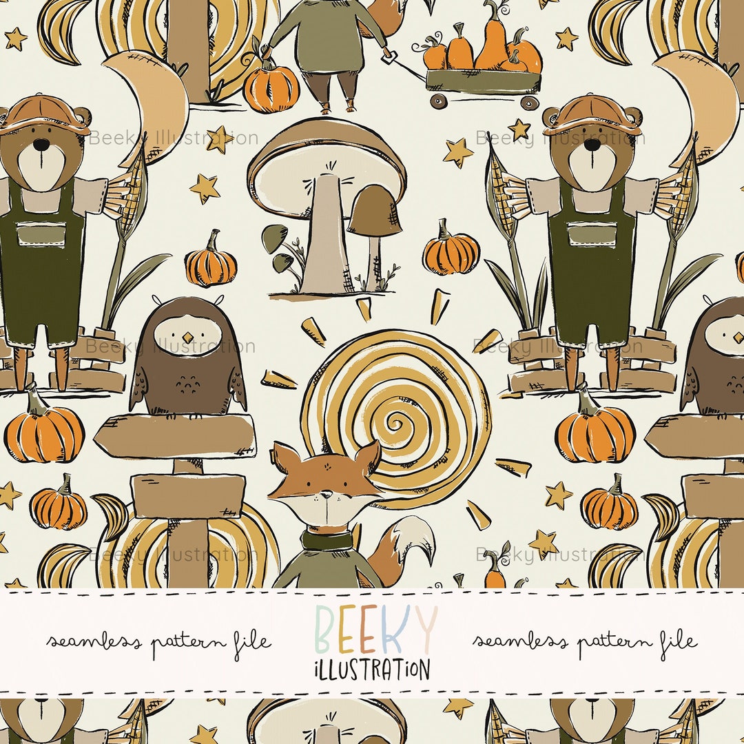 Fall Farm Seamless Pattern | DIGITAL DOWNLOAD | Brown Bear Fabric ...