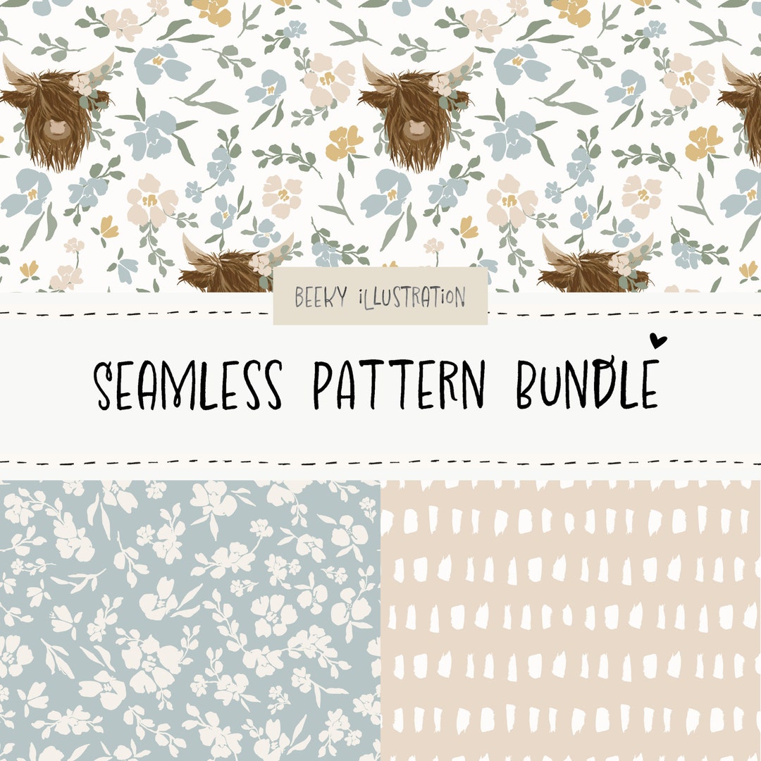 Boho Floral Seamless Pattern Bundle | DIGITAL DOWNLOAD | Highland Cow ...