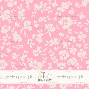 May include: A seamless pattern file featuring a repeating floral design. The pattern showcases off-white flowers and leaves against a soft pink background. The text "Beeky Illustration" is repeated throughout the design, and the words "seamless pattern file" are also present.