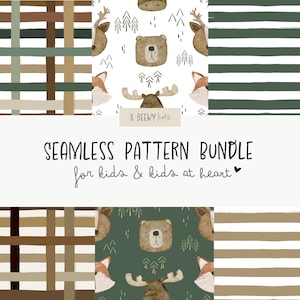 Woodland Seamless Pattern Bundle | DIGITAL DOWNLOAD | Fall Plaid Seamless Pattern, Stripe Seamless Pattern, Animal Seamless Pattern, Autumn
