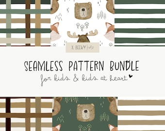 Woodland Seamless Pattern Bundle | DIGITAL DOWNLOAD | Fall Plaid Seamless Pattern, Stripe Seamless Pattern, Animal Seamless Pattern, Autumn