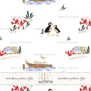 May include: A watercolour seamless pattern with puffins, lobsters, and boats. The design includes a boat on blue water, red lobsters, and the text "BEEKY ILLUSTRATION" and "seamless pattern file".