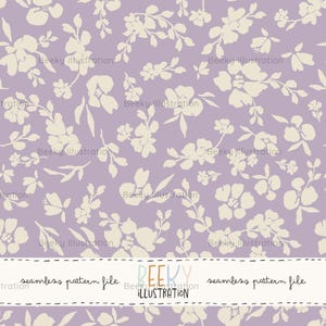 May include: A seamless pattern file featuring a repeating floral design. The pattern showcases off-white flowers and leaves against a soft lavender background. The text "seamless pattern file" and "BEEKY ILLUSTRATION" are present.