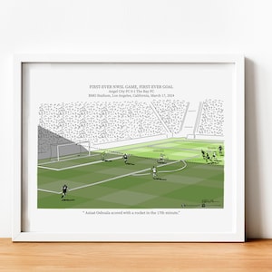 May include: A black and white line drawing illustration of a soccer game. The image shows a soccer field with players, a goal, and a crowd of spectators. The text "FIRST-EVER NWSL GAME, FIRST-EVER GOAL" is at the top of the image. The text "Angel City FC 0-1 The Bay FC" is below the first line of text. The text "BMO Stadium, Los Angeles, California, March 17, 2024" is below the second line of text. The text "Asisat Oshoala scored with a rocket in the 17th minute." is at the bottom of the image.