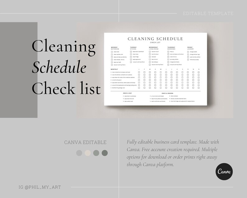 Cleaning Schedule Check List Digital Template Canva Editable - Etsy