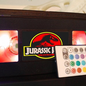 Retro, Jurassic Park, Jurassic World, VHS, LED, desk, lamp, 90&#39;s, gift for him, gift for her, custom, RGB, night light, ambiant, lighting