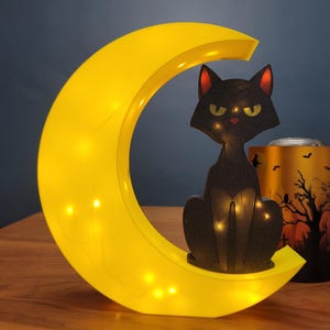 3D Printed Cat Lamp | Crescent Moon Night Light | Black Cat Decor | LED Lamp | Celestial Decor | Cat Lover Gift | Unique Lighting | Holiday