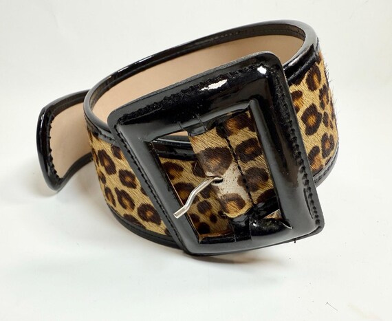 Gerard Darel Leopard Print Calf Hair Leather Belt Black Patent Buckle 31.5\