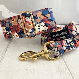 Martingale dog collar and lead with gold brass hardware. Blues, orange and cream coloured fabric