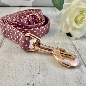 May include: A mauve dog lead with white polka dots, rolled up. It features a gold-coloured metal clasp and ring. A white rose is in the background.