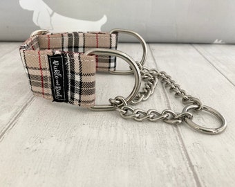 Beige Tartan Half Check Collar | Half check Dog Collar | Chain Dog Collar | Choker Dog Collar and matching Dog Lead