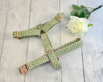 Olive Green Polka Dot Dog Harness | Adjustable Cotton Strap