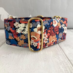 May include: A floral dog collar with a colorful pattern of red, blue, white, and tan flowers. The collar has gold-colored metal hardware. The collar is made of fabric and is designed for a pet.