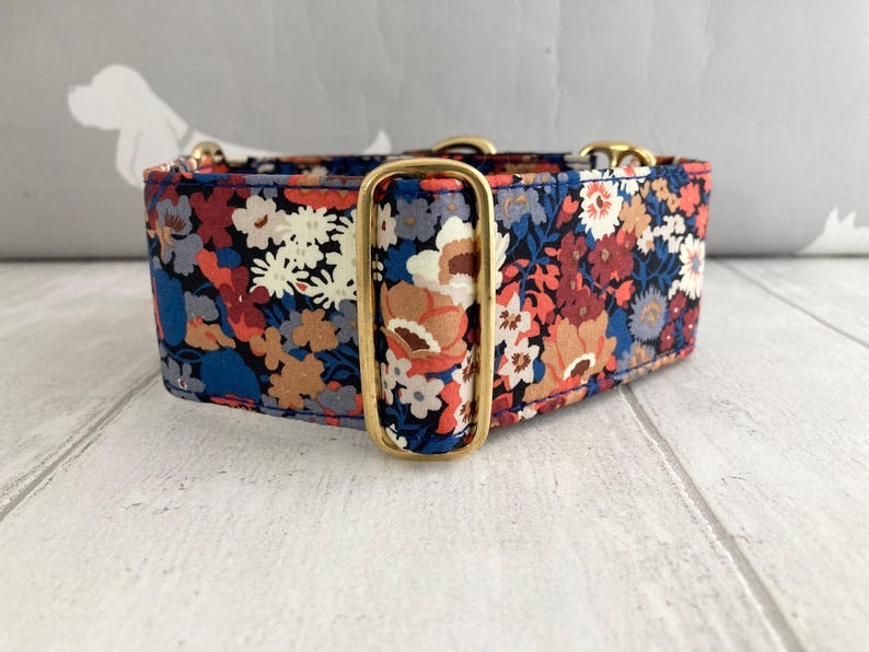 May include: A floral dog collar with a colorful pattern of red, blue, white, and tan flowers. The collar has gold-colored metal hardware. The collar is made of fabric and is designed for a pet.