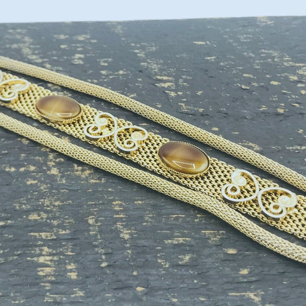 Signed Celebrity NY Gold Tone Mesh Faux Stones Tiger's Eye Bracelet Vintage Quality Made Unique 1950's-60's Costume Jewelry Unique Cocktail