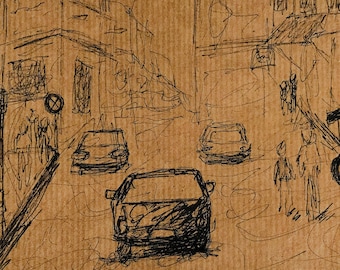 Original Ink Sketch: City Street Scene Drawing (5.8x8.3 A5)