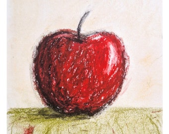 Original Red Apple Painting: Still Life Pastel Artwork (5.8” x 8.3”)