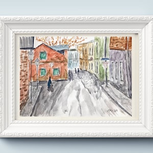 Original Aquarell Malerei, Stadt Szene Illustration, Bunte Nachbarschaft, Straße Original Kunstwerk, Original Aquarell Illustration