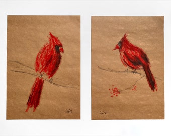 Cardinal Bird Drawing Set: Original Oil Pastel Sketches