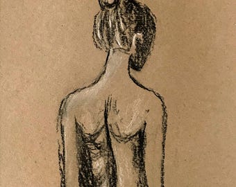 Originele houtskoolschets vrouwenfiguur: achterstudiekunst