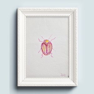 Colorful Beatle Sketch, Original Drawing, Oil Pastel, Mininmalist Artwork, Bug Study