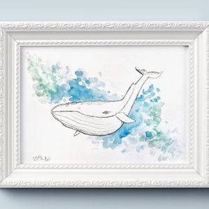 Walvis schilderij, aquarel origineel schilderij, walvis kunst, aquarel walvis originele kunstwerken, zee Oceaan kunst aan de muur, nautische of kwekerij decor