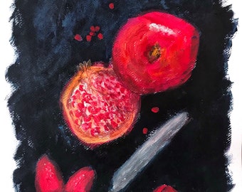 Original Pomegranate Acrylic Painting: Still Life Artwork (8.3x11.7" A4)