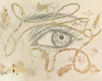 Original Charcoal Eye Drawing with Gold Flakes - A5 Artwork