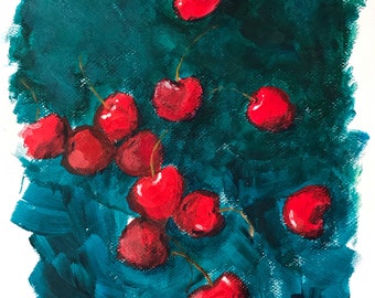 Red Cherries Still Life: Original Acrylic Painting on Paper (8.3" x 11.7")