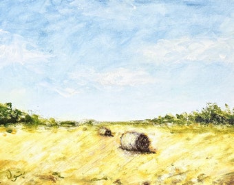 Original Farm Field Painting: Impasto Acrylics, Rustic Home Decor (A5 Size)