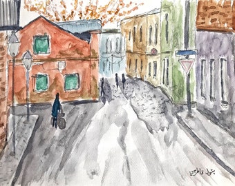 Original Watercolor Cityscape Painting: Colorful Neighborhood Art (A4)