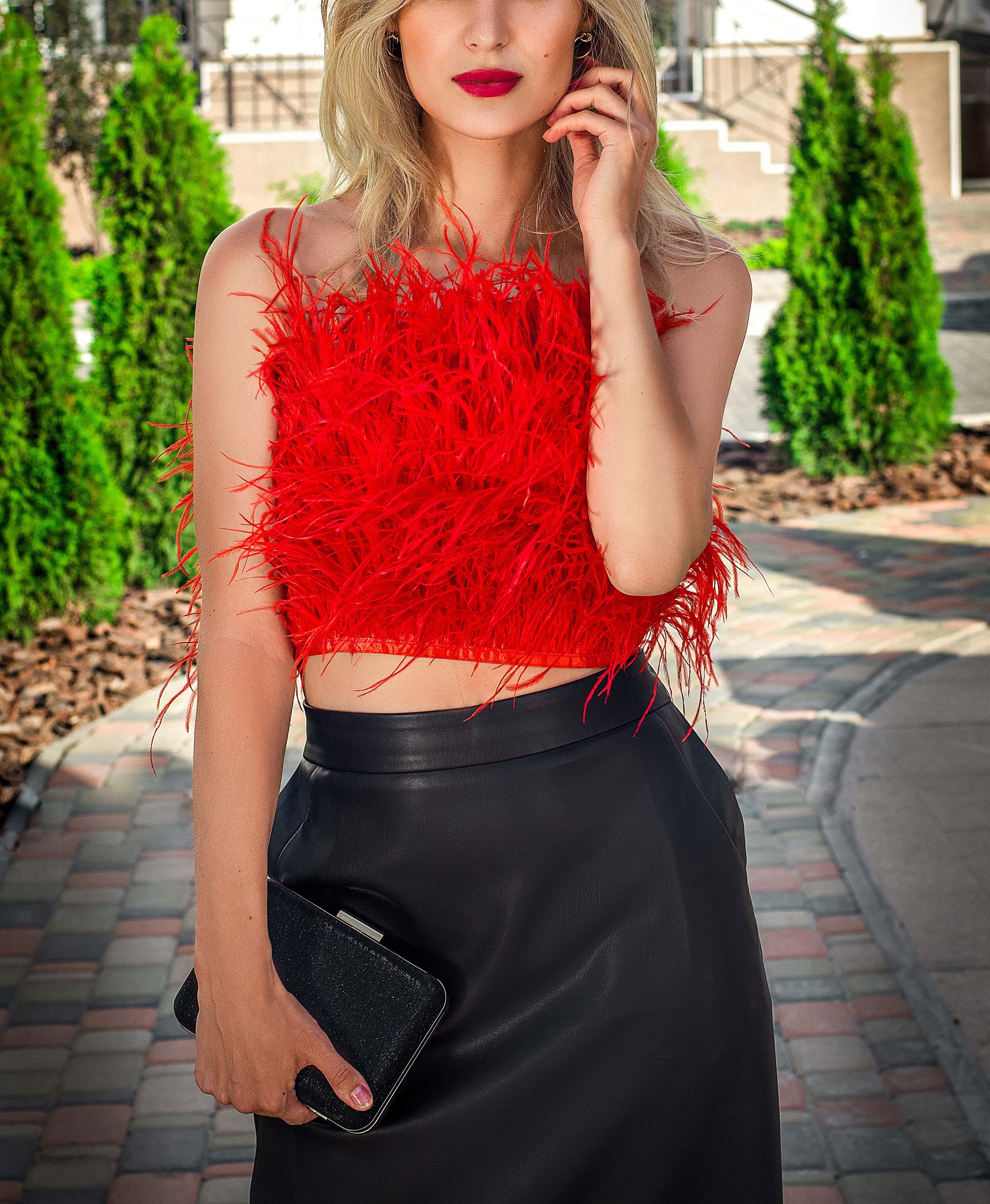 Feather Ostrich top Red feather top Feather Tube top Red Etsy