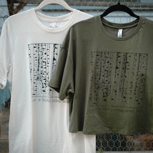 A Lot Of People Hiding Behind Trees Birch Tree Screen Printed T Shirt / green illustration dark subtle humor mystery gloomy minimal noir