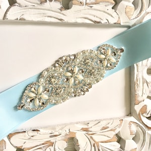 Crystal Pearl Wedding Belt, Blue Wedding Belt Sash, Blue Bridal Belt Sash,  Crystal Flower Girl Belt Sash, Crystal Bridesmaid Belt,Blue Sash