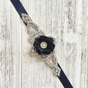 Wedding Belt, Navy Blue Bridal Belt, Bridal Sash, Bridesmaid Belt, Flower Girl Dress Sash, Pearl and Crystal Rhinestone Beaded Sash Belt