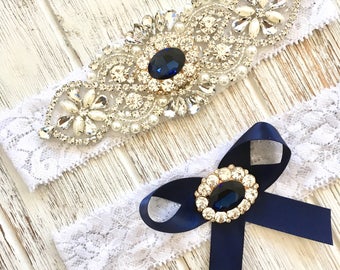 Navy Blue Garter set, Navy Bridal Garter, Navy Wedding Garter Set, Keepsake Garter Set, Rhinestone Garter Set, Lace Garter Set, Crsytal
