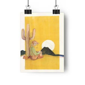 Lámina artística: Esqueleto de vaquero en el desierto con cactus, decoración del suroeste, arte del Muro de las Lamentaciones, paisaje desértico, lámina artística de esqueleto