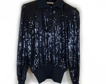 80/'s Sequin Blouse Top 80s Disco Shirt Shiny Purple Green Blue Geometric Bohemian Party Glam Sequin 80s Vintage Cocktail Medium